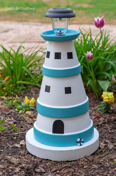 Terra Cotta Pot DIY Lighthouse Garden Project Diy Lighthouse, Clay Pot Lighthouse, Diy Terra Cotta Pots, Lighthouse Crafts, Funny Vine, Pot Diy, Clay Pot Projects, Terra Cotta Clay Pots, Terra Cotta Pot