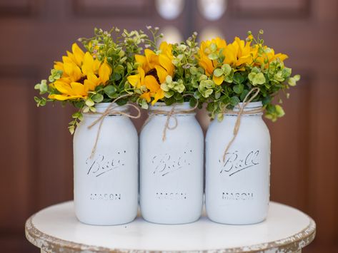 3 Painted Mason Jars with Sunflowers Centerpieces With Sunflowers, Mason Jars With Sunflowers, Sunflower Wedding Centerpieces, Communion Decor, Sunflower Mason Jar, Sunflower Wedding Decorations, Distressed Mason Jars, Centerpieces For Wedding, Sunflower Centerpieces