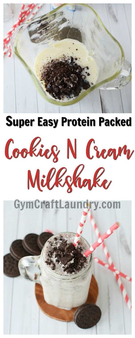 This protein smoothie makes healthier choices taste less boring! Try this easy and delicious Cookies and Cream Protein Milk Shake #gymcraftlaundry Protein Milkshake Ice Cream, Healthy Cookies And Cream Shake, Cookies And Cream Protein Ice Cream, Ice Cream Protein Shake, Protein Milkshake Recipe, Super Easy Cookies, Oreo Protein Shake, Cookies And Cream Protein, Cookies And Cream Milkshake