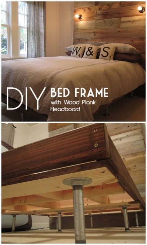 Wood Plank Headboard, Diy Bed Frames, Diy Bed Frame Easy, Plank Headboard, Diy Platform Bed, Farmhouse Style Furniture, Pallet Bed, Diy Bed Frame, Wood Bed Frame