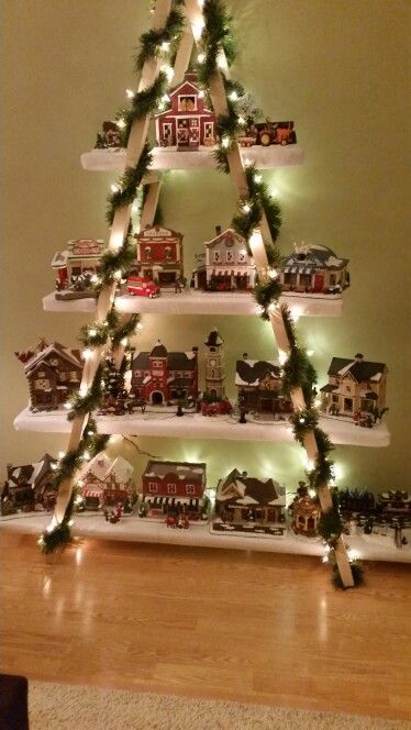 DIY snow village display ladder Display Christmas Village, Display Ladder, Christmas Ladder, Christmas Tree Village Display, Diy Christmas Village Displays, Christmas Tree Village, Diy Snow, Village Christmas, Diy Christmas Village