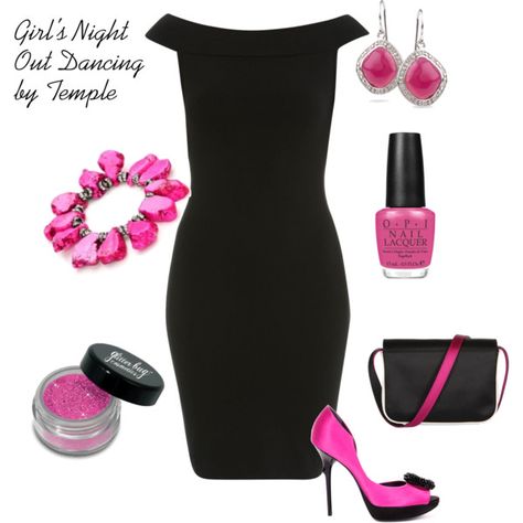 Girl's Night Out Black Dress Pink Accessories, Black Dress With Pink Accessories, Hot Pink Bag, Lil Black Dress, Dresses Satin, Sassy Outfit, Satin Shoes, Short Heels, Black Dress Outfits