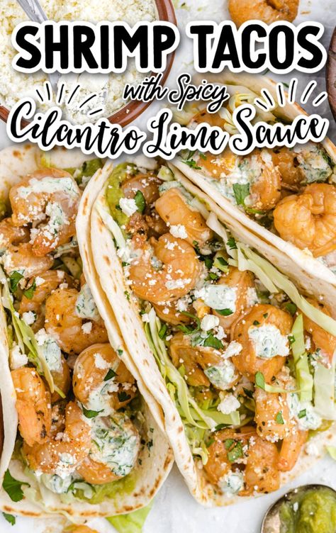 Shrimp Tacos with Spicy Cilantro Sauce - The Best Blog Recipes Cajun Seafood Recipes, Shrimp Taco Sauce, Taco Sauce Recipes, Shrimp Tacos Easy, Spicy Garlic Shrimp, Shrimp Taco, Spicy Shrimp Tacos, Wisconsin Vacation, Shrimp Taco Recipes