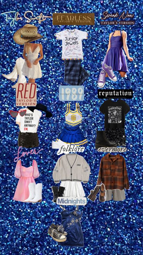 eras tour outfits I’d wear for each era #erastour #theerastour #erastouroutfit #theerastouroutfit #taylorswift #debuttaylorswift #fearlesstaylorswift #speaknowtaylorswift #redtaylorswift #1989 Taylor Themed Outfits, Tswift Eras Outfit, Taylor Eras Tour Outfits 1989, Taylor Swift Eras Tour Outfits 1989 Era, Ts Tour Outfits, Taylor Swift Eras Movie Outfit Ideas, Taylor Swift Aesthetic Outfits Eras Tour, Eras Party Outfits, Dressing Up As Taylor Swift Albums