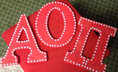 Alpha Omicron Pi pearl letters!! Sorority craft for the little!! #alphaomicronpi #paintedletters #AOII #biglittle Alpha Phi Letters Painted, Pearl Sorority Letters, Sorority Letters Painted Wooden Easy, Painted Letters Sorority, Cute Sorority Letters, Letter Painting Ideas Wooden Aesthetic, Alpha Omicron Pi Canvas, Sorority Letters Painted Wooden, Aoii Paintings