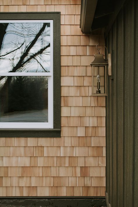 Our passthrough transformation + installing cedar shakes - Nadine Stay | Natural cedar shake shingles on our walkway between our house and garage. Replacing a door with a window. Home exterior before and after | Nadine Stay Cedar Gables On House Exterior, Rug Combos, Cedar Shake House, Baseboard Ideas, Nadine Stay, How To Install Baseboards, Cedar Shingle Siding, Cedar Shake Siding, White Baseboards