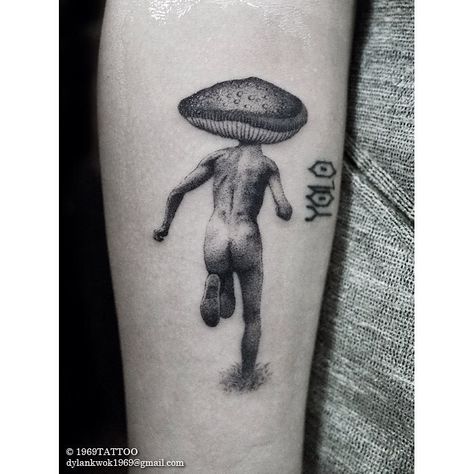 Mushroom Man Tattoo Mushroom Man Tattoo, Mushroom Tattoo Ideas, Chemistry Tattoo, Forearm Tattoo Ideas, Mushroom Man, Mushroom Tattoo, Surreal Tattoo, Man Tattoo, Single Needle Tattoo