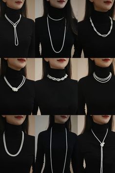 Pearls Style Outfit, Necklaces And Necklines, Pearl Style Fashion, Pearl Necklace Turtleneck, Styling Necklaces Outfit, Long Necklace Styling, Outfits With Pearls Necklace, Outfits With Pearl Jewelry, Black Outfit With Pearls