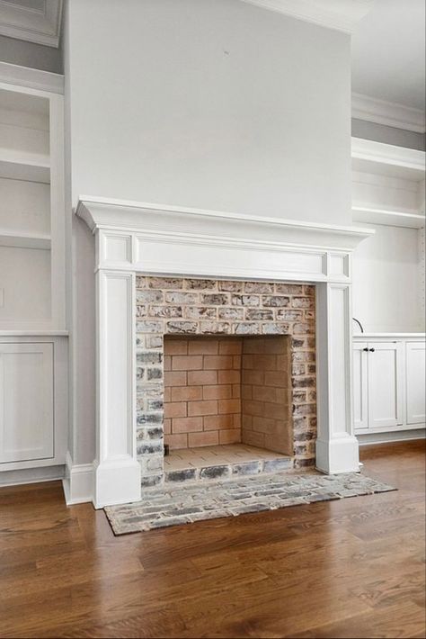 Coastal Brick Fireplace Ideas, Renovated Fireplaces Brick, Brick In Front Of Fireplace, Veneer Brick Fireplace, Southern Living Fireplace Ideas, Traditional Fireplaces And Mantels, Fireplace Brick Veneer, Gas Fireplace Brick Surround, Studio Mcgee Brick Fireplace