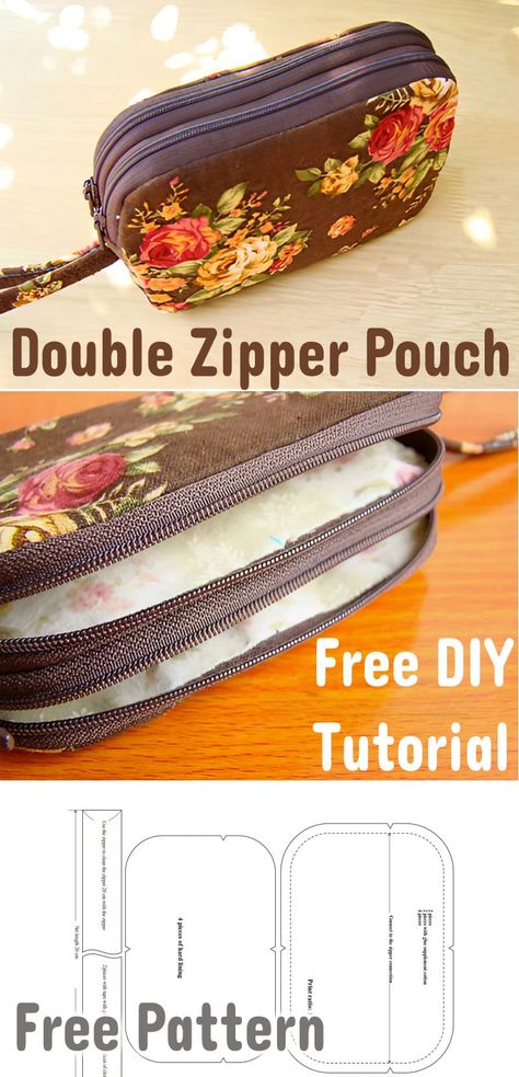 Double Zipper Pouch Tutorial & Pattern Lined Zipper Pouch Tutorial Free Pattern, Zip Around Pouch Pattern, 2 Zipper Pouch Tutorial, Free Zippered Pouch Pattern, Pad Pouch Pattern, Diy Zippered Pouch, Free Zipper Pouch Sewing Pattern, Free Pouch Sewing Pattern, Sewing Pouch Pattern