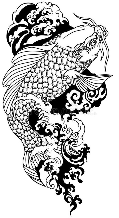 Koi Fish Drawing Tattoo, Pez Koi Tattoo, Dragon Koi Tattoo Design, Waves Black And White, Koi Dragon Tattoo, Karp Koi, Japanese Koi Fish Tattoo, Carp Tattoo, Koi Tattoo Design