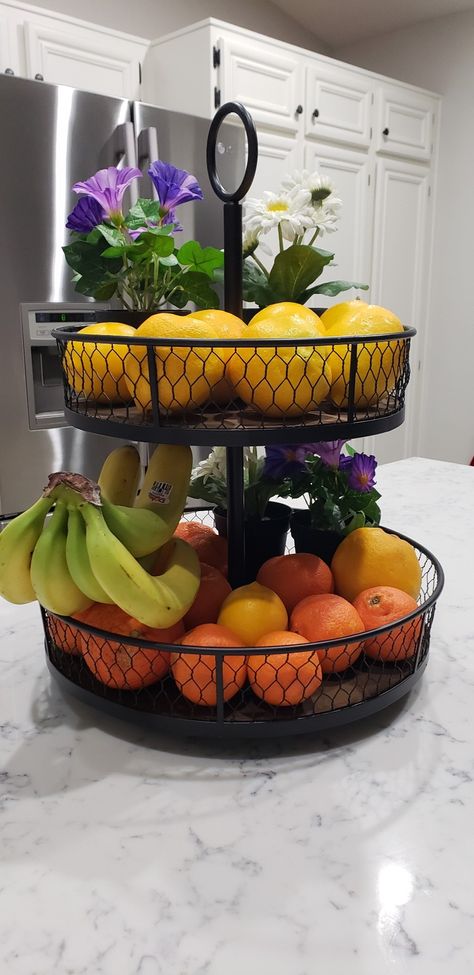 Colorful fruit basket idea Fruit In Kitchen Display, Fruit Organization Counter Space, Bowl For Fruit On Counter, Kitchen Counter Fruit Display, Tiered Fruit Bowl, Fruit On Counter Ideas, Fruit Basket Ideas Kitchen Counter, Fruit Bowl Display Kitchen Counter Space, Fruit Bowl Ideas Decor Counter Space