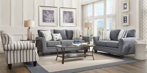 Grey Couch Living Room, Pc Table, Coastal Living Rooms, Sofa Loveseat, Coastal Living Room, Rooms To Go, Living Room Sets Furniture, Living Room Set, Marine Blue