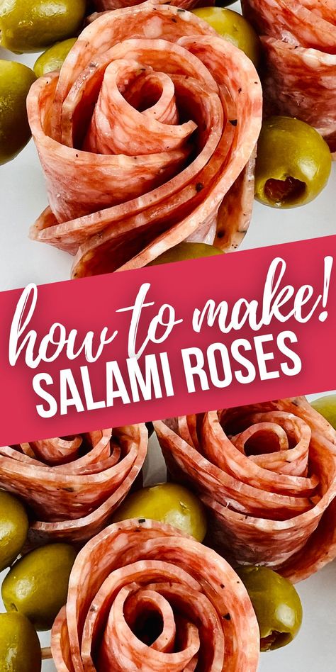 Make Salami Roses to add flare to any charcuterie board. In just a few simple steps, you can learn how to make Salami Roses. Salami Kabobs, How To Make A Meat Rose, Salami Cheese Platter, Meat Roses How To, Rose Themed Food, Meat Roses Charcuterie Board, How To Roll Salami For Charcuterie, How To Make A Salami Flower, How To Make Meat Roses For Charcuterie