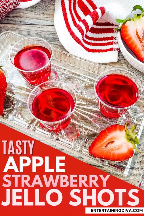 This apple strawberry jello shots recipe is awesome! So easy to make with only 3 ingredients and so tasty! The perfect boozy adult treat for a party. | Red Jello Shots Strawberry Daiquiri Jello Shots, Holiday Jello Shots, Hot Apple Juice, Strawberry Jello Shots, Sour Apple Pucker, Best Jello Shots, Jello Shots Recipe, Apple Pucker, Apple Vodka