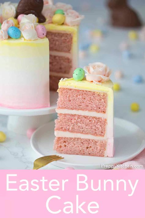 The perfect cake for every Easter brunch table! Delicious strawberry flavor with Italian meringue buttercream ombre, roses and the cutest little garden bunny! Easter Brunch Table, Italian Meringue Buttercream, Cheesecake Oreo, Easter Bunny Cake, Cake Decorating For Beginners, Preppy Kitchen, Buttercream Cake Decorating, Italian Meringue, Brunch Table