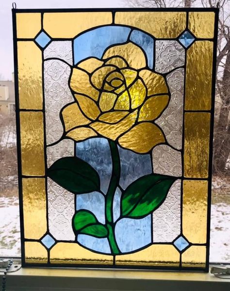 Stained Glass Painting Designs, Stained Glass Effect, Simple Glass Painting Designs, Flowers Stained Glass Patterns, Stained Glass Roses, Stained Glass Easy, Beauty And The Beast Rose Stained Glass Pattern, Peony Stained Glass Pattern, Stained Glass Yellow