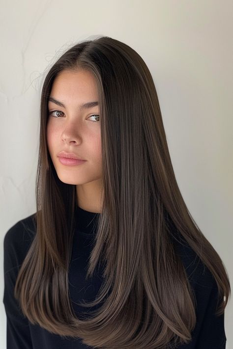 Hair Inspo Long Straight, Haïr Cut Straight Hair, Haïr Style Straight Hair, Silky Hair Aesthetic, Straight Long Brown Hair, One Length Long Hair, Haïr Cut For Straight Hair, Haircut For Straight Long Hair, Long Haircut Straight Hair