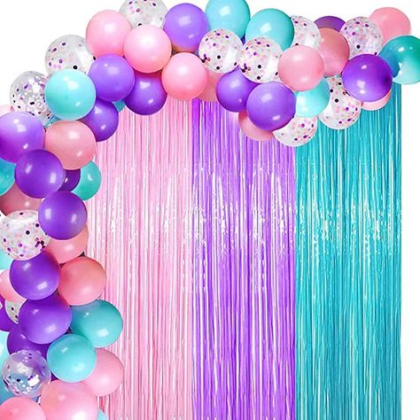 Unicorn Balloon Garland, Turquoise Balloons, Tinsel Curtain, Purple Birthday Party, Deco Ballon, Blue Birthday Parties, Unicorn Balloon, Princess Theme Party, Wedding Shower Decorations