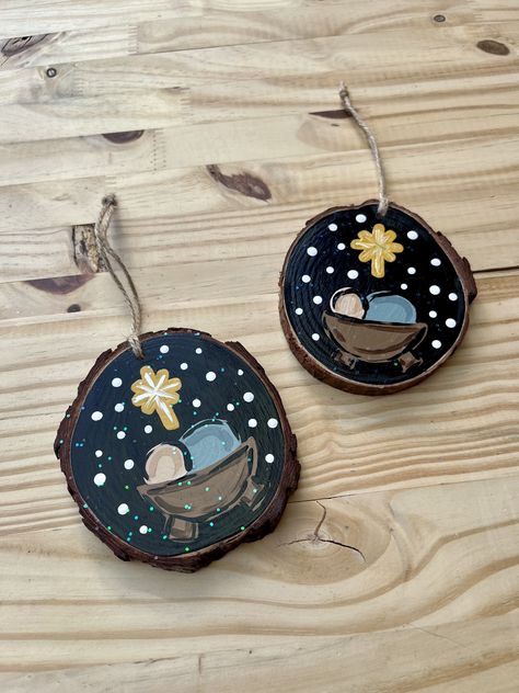 MADE TO ORDER ITEM. Set of 2 (or) 4 wood ornaments Measurement: Each ornament is approximately 3.5 - 4 inches (diameter) .5 inches (thickness) Hand painted with acrylics Sealed with 2 coats of gloss spray protectant and dusted with glitter Natural wood slices are unpredictable! So please keep in mind that each ornament will vary in size, knots, wood grain/shade, blemishes, shape (typically irregular oval or round) and in the amount of bark they have.  Remember all items are hand painted so there Round Flat Christmas Ornaments Diy, Hand Painted Penguin Ornaments, Wood Slice Picture Ornaments, Christmas Art Ornaments, Christian Wood Ornaments, Hand Painted Name Ornaments, Small Round Wood Crafts, Wood Slice Ornament Painted Easy, Wood Slice Nativity Ornament