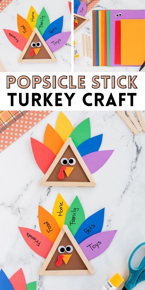 This Popsicle Stick Turkey Craft is a simple Thanksgiving craft for kids of all ages! Use bright colored paper made feathers to share what they are thankful for this season. Popsicle Stick Turkey, Thankful Crafts, Made To Be A Momma, Thanksgiving Arts And Crafts, Thanksgiving Crafts Preschool, Simple Thanksgiving, Easy Thanksgiving Crafts, November Crafts, Thanksgiving Craft