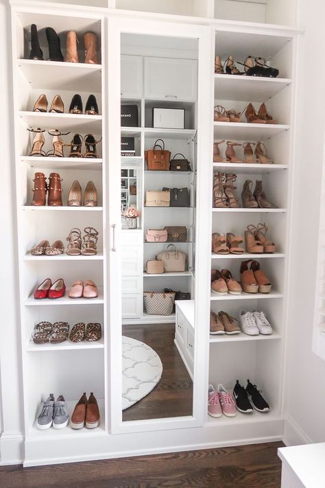 closet shoe wall Organizing Goals, Closet Mirror, Organizing Storage, Shoes Closet, Bag Closet, Walk In Closet Design, Closet Renovation, Closet Collection, California Closets