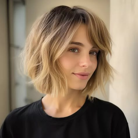 Short Wavy Hair With Side Swept Bangs, Chin Length Hair With Side Bangs, Chic Chin Length Hair, Short Bob Side Swept Bangs, Textured Bob With Side Swept Bangs, Short Haircut For Big Forehead, Chin Length Bob With Side Swept Bangs, 2024 Bob Hair Trends Fine Hair, Short Hair With Side Swept Bangs