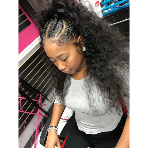 Halfup half down sewin with feedin braids https://instagram.com/p/BZjq-4XlfkY/ Updo Casual, Half Braided Hairstyles, Tan Skin Blonde Hair, Weave Ponytail Hairstyles, Sew In Hairstyles, Vacation Hairstyles, Quick Weave Hairstyles, Braided Ponytail Hairstyles, Braids With Weave