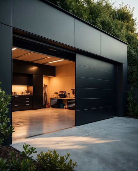 Matte Black Nation 🏴 | Matte Black Garage 🖤🖤🖤 | Instagram Japanese Garage Design, Black Garage Exterior, All Black Garage, Garage House Interior, Dream Garage Luxury, Black Garage Gym, Luxury Home Garage, Garage Design Exterior, All Black Modern House