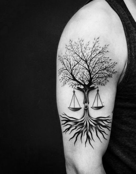 Scales Of Justice Tattoo, Tree Tattoo Chest, Libra Sign Tattoos, Libra Zodiac Tattoos, Justice Tattoo, Roots Tattoo, Balance Tattoo, Tattoo Tree, All Black Tattoos