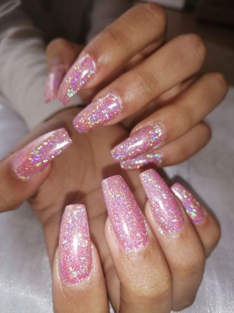 Glittery Acrylic Nails, Pink Sparkle Nails, Sparkly Acrylic Nails, Holographic Glitter Nails, Hoco Nails, Glitter Nails Acrylic, Pink Glitter Nails, Glittery Nails, Unique Acrylic Nails