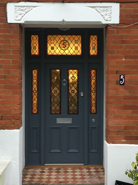 Our newly renovated front door. Brand new solid wood door with the original Edwardian stained glass transferred in Painted Leaded Glass Front Door, Stained Glass Front Door Ideas, 1900s Front Door, Stained Glass Door Victorian, Stained Glass Above Front Door, 1920 Front Door, Stainglass Doors, Front Door Stained Glass, Stained Glass Door Panel Patterns