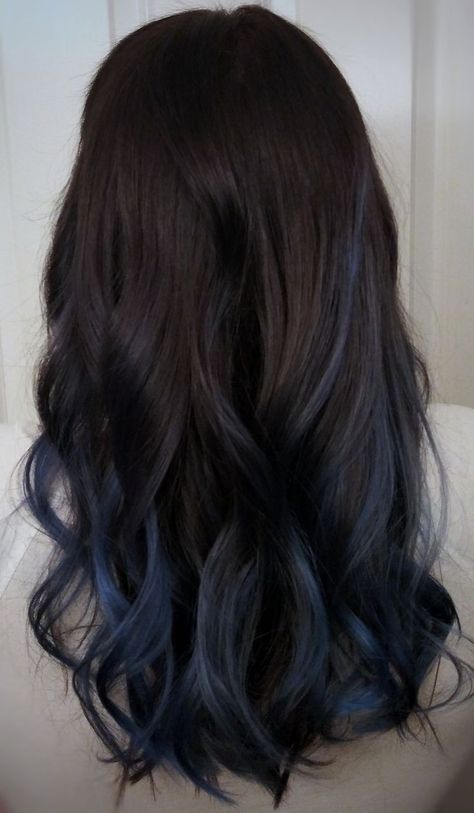 Blue Colour Highlight Hair, Blue Tinted Hair Brown, Navy Blue Streaks Hair, Brown Hair W Blue Highlights, Blue And Black Hair Highlights, Brunette Hair Blue Highlights, Blue Black Hair Highlights, Blue Tips On Brown Hair, Navy Blue Hair Highlights