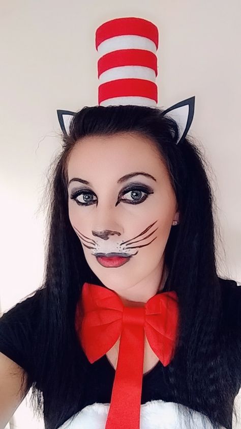 Cat in the hat make up. Cat In The Hat Makeup Woman, Cat In The Hat Makeup, Seussical Makeup, Dr Seuss Diy Costumes, Cat In The Hat Costume, Seuss Costumes, Adult Costumes Diy, Dr Seuss Costumes, Seussical Costumes