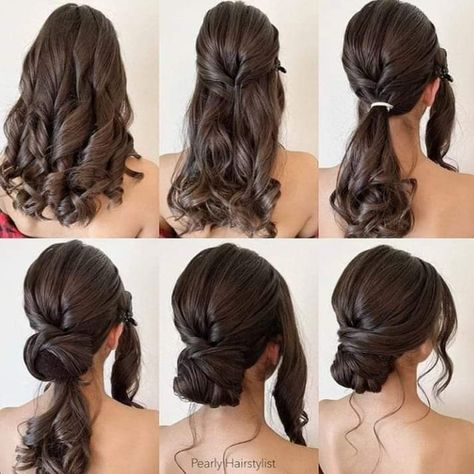 Curly Bun With Bangs, Hair Bun Ideas, Bun With Bangs, Curly Hair Bun, Bun Ideas, Hoco Hair Ideas Curls, Curly Bun, Short Homecoming Hair, Elegant Wedding Hair