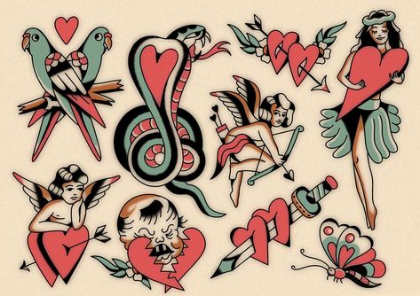 VALENTINES DAY FLASH $100-$200 designs! Available until the end of February x Traditional Valentines Flash, Valentines Flash Sheet, Valentine’s Day Flash, Valentines Tattoo Flash, Valentines Day Tattoo, Valentines Tattoo, Valentine Tattoo, Valentines Flash, Americana Tattoo