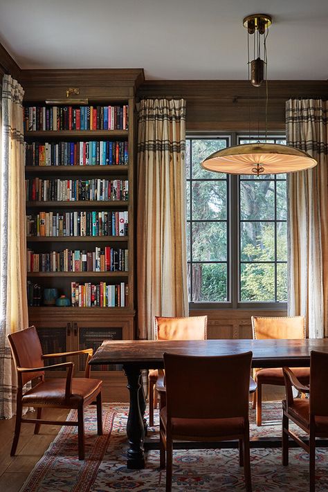 Peter Dunham, Los Angeles Interior Design, Brown Furniture, The Dining Room, Family Rooms, Colorful Curtains, American Traditional, Home Library, Office Interior Design