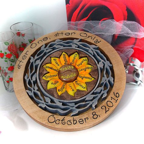 Custom Designed Sunflower Unity Ceremony Wedding by PuzzledOne Unity Candle Flower Arrangement, Puzzle Wedding, My Sunflower, Wedding Ceremony Unity, Wedding Puzzle, Fresh Rose Petals, Ceremony Candles, Wedding Hall Decorations, Wedding Flower Packages