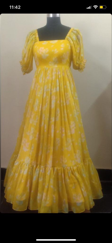 Balloon Hands Dress, Floral Long Frocks Indian, Yellow Frocks For Women, Full Frocks For Women, Long Dresses Indian Style, Latest Long Frock Designs, Balloon Hands, Long Frocks For Women, Long Frocks Designs