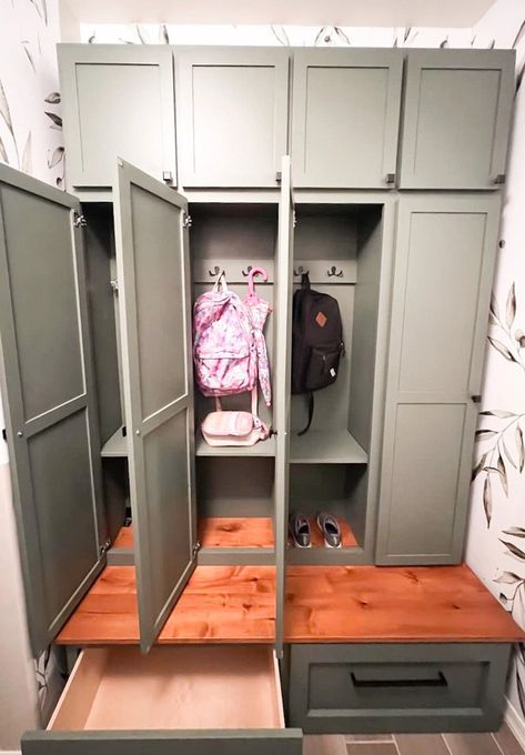 Mudroom Locker Storage System Laundry Room Organization - Etsy Garage Storage Lockers, Laundry Lockers Mud Rooms, Home Locker Ideas Entryway, Lockers For Mudroom, Wooden Locker Ideas, Entry Way Ideas With Storage, Mud Laundry Room Ideas, Locker Closet Ideas, Entrance Storage Cabinet