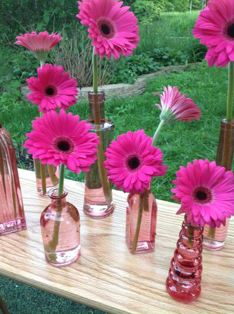 Gerbera Daisy Centerpiece, Daisy Centerpieces, Flowers In Vases, Hot Pink Weddings, Pink Gerbera, Gerbera Daisies, Daisy Bouquet, Bridal Shower Centerpieces, Gerber Daisies