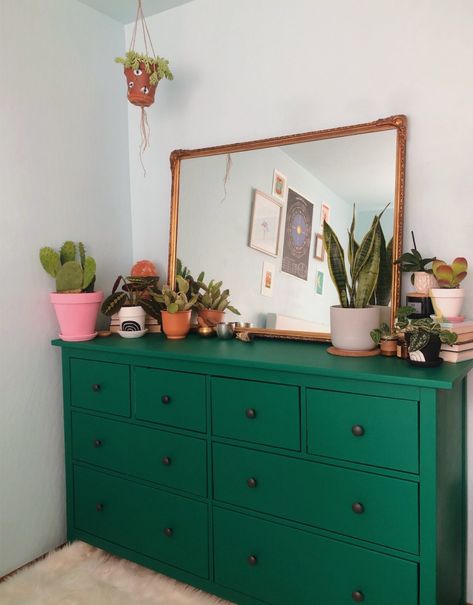 Dresser Decor Eclectic, Dressers Bedroom Boho, Plants On Dresser Decor, Plant On Dresser, Statement Dresser Bedrooms, Bright Colored Dresser, Entryway With Dresser, Maximalist Dresser Decor, Dresser In Entryway Ideas