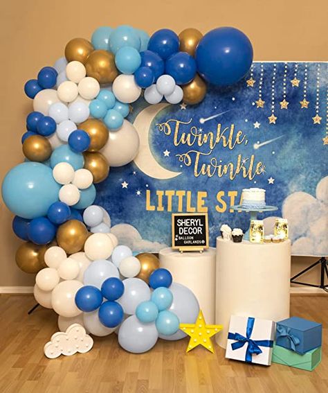 Blue And White Balloon Arch, White Balloon Arch, Blue Balloon Garland, 1st Birthday Balloons, Baby Birthday Decorations, Twinkle Twinkle Baby Shower, Moon Baby Shower, Blue Balloon, Pastel Balloons