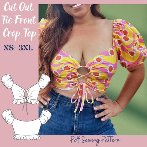 Cut Out Tie Front Crop Top PDF Digital Sewing Pattern- Key Hole Chest Top Pattern-Printable Patterns in sizes XS-3XL by JunePatternStudio on Etsy Advanced Sewing, Beginner Sewing Patterns, Printable Sewing Patterns, Seam Allowance, Front Crop Top, Dress Making Patterns, Easy Sewing Patterns, Pattern Drafting, Diy Sewing Projects