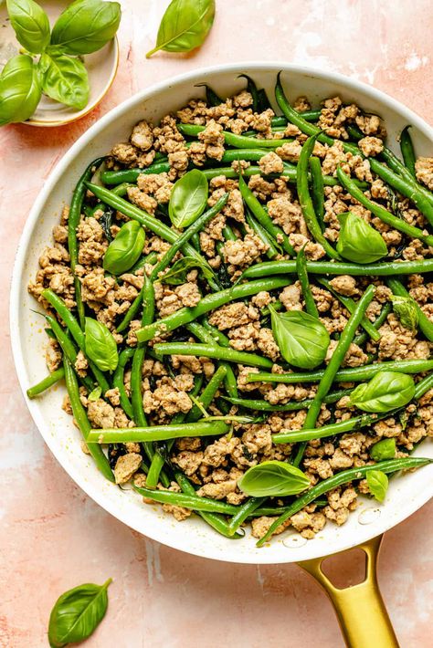 Turkey, Green Bean + Basil Stir Fry - The Defined Dish Basil Stir Fry, Turkey And Green Beans, Protein Dinners, The Defined Dish, Defined Dish, Protein Dinner, Cooking Green Beans, Whole30 Dinners, One Pot Dishes