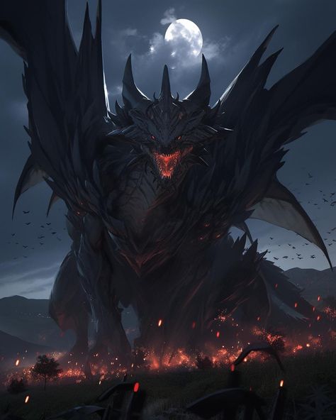 Giant Space Monster, Huge Dragon Art, Giant Fantasy Creature, Giant Dragon Fantasy Art, Giant Creature Art, Black Mythical Creatures, Giant Dragon Art, Kaiju Art Character Design, Legendary Dragons Fantasy Art