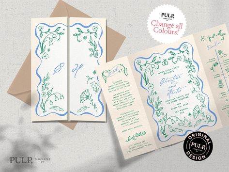 WEDDING INVITATION TEMPLATE Gate Fold Hand Drawn Romantic Floral Illustrations & Handwritten colorful, Fun, Whimsical Timeline 0046 - Etsy Illustrated Wedding Invitations, Folded Hands, Singles Events, Floral Illustrations, Wedding Invitation Templates, Etsy Australia, Invitation Paper, Invitation Cards, Handwriting