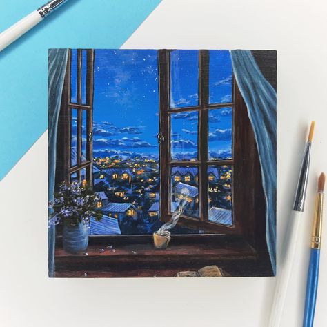 Night Sky Landscape Painting, drawing with Acrylic Paints! View Through Window Painting, Drawing Window View, Window View Drawing, Night View Painting, Polaroid Drawings, Window View Painting, Full Drawing, Night Window, Dreamy Night