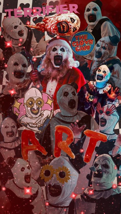 #arttheclown #terrifier #horror Art The Clown Background, Art The Clown Santa Wallpaper, Horror Movies Background, Art The Clown Wallpaper Terrifier, Terrifier Background, Terrifier 3 Wallpaper, Horror Collage Art, Terrifier Wallpaper Iphone, Horror Movie Characters Wallpaper