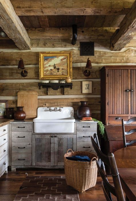 Dogtrot Cabin, Rustic Cabin Kitchen Ideas, Cabin Kitchen Ideas, Cozy Cabin Kitchen, Audrey Hall, Rustic Cabin Kitchen, Log Cabin Kitchens, Ideas For Small Kitchens, River Rock Fireplaces